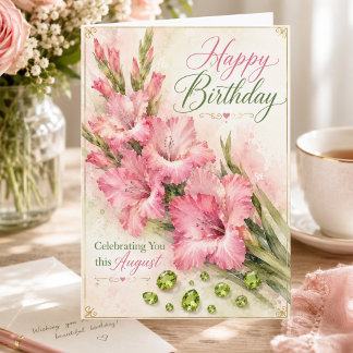 Cartão de Aniversário de Agosto com Gladiolus Rosa