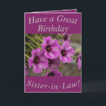 Cartão de Aniversário de Alemães Roxos para Sister<br><div class="desc">Lindas flores roxas de gerânio fazem uma bela imagem para este cartão de aniversário colorido da Sister-in-Law. O texto pode ser facilmente personalizado.</div>