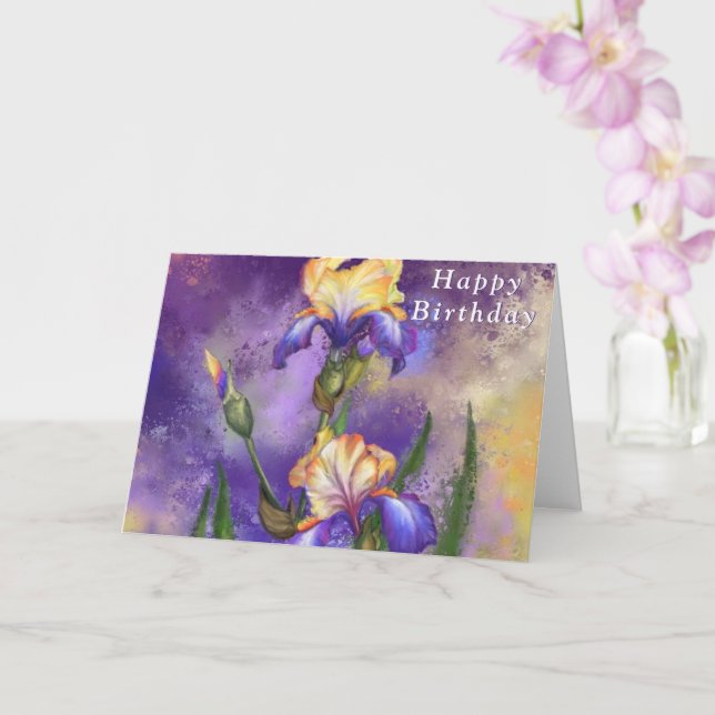 Cartão de Aniversário de Aquarela com Flores Iris (Orquídea)