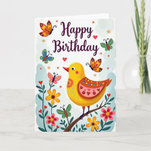 Cartão de Aniversário de Arte Popular de Pássaro