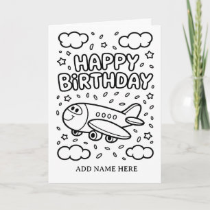 cartão de aniversário de avião dobrado para colori