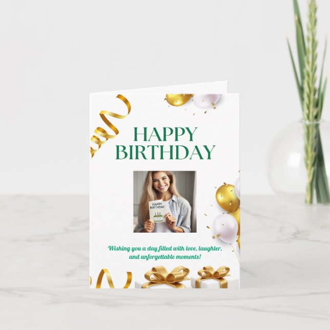 Cartão de Aniversário de Balões Dourados com Prese (Frente)