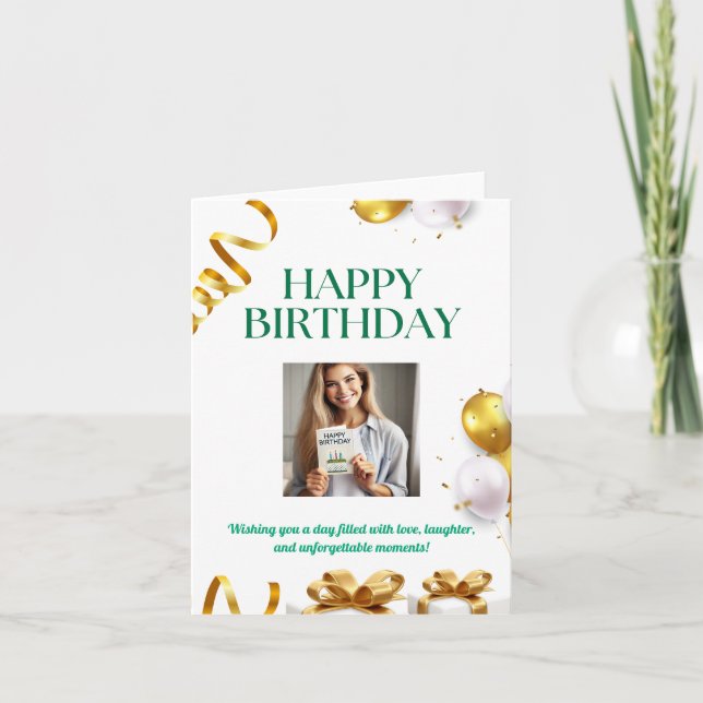 Cartão de Aniversário de Balões Dourados com Prese (Frente)