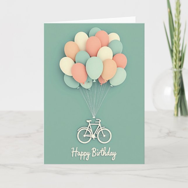 Cartão de Aniversário de Balões e Bicicleta (Frente)