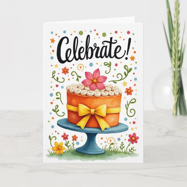 Cartão de Aniversário de Bolo com Confetes (Frente)