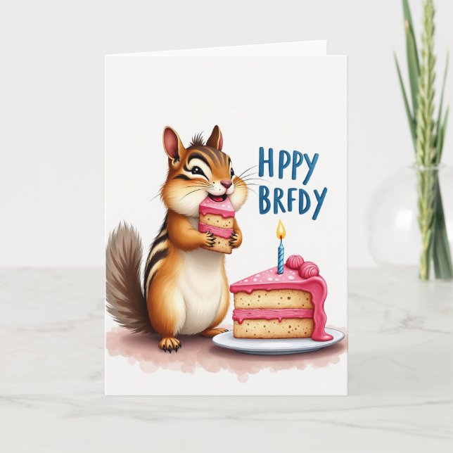 Cartão de Aniversário de Bolo com Esquilo (Frente)
