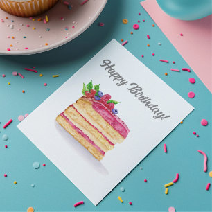 Cartão de Aniversário de Bolo de Framboesa Aquarel