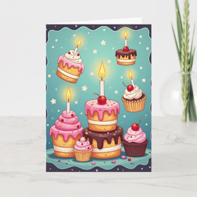 Cartão de Aniversário de Bolo Estrelado (Frente)
