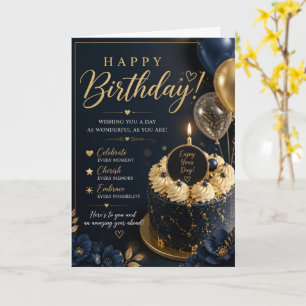 Cartão de Aniversário de Bolo Floral Dourado Marin