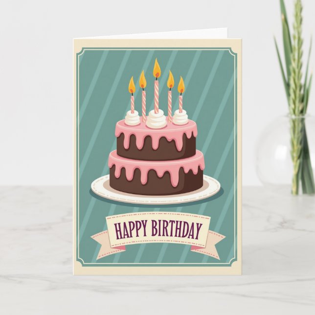Cartão de Aniversário de Bolo Retrô (Frente)