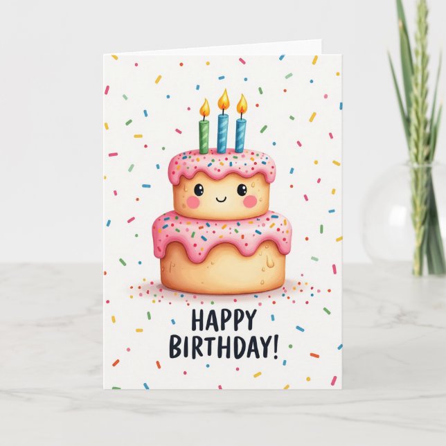 Cartão de Aniversário de Bolo Sorridente (Frente)