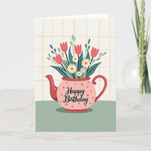 Cartão de Aniversário de Buquê de Chávena Floral