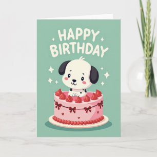 Cartão de Aniversário de Cachorrinho com Bolo