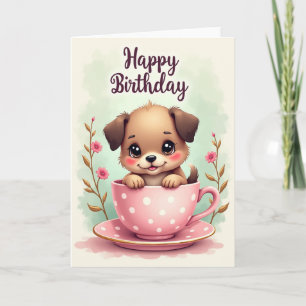Cartão de Aniversário de Cachorrinho em Xícara de