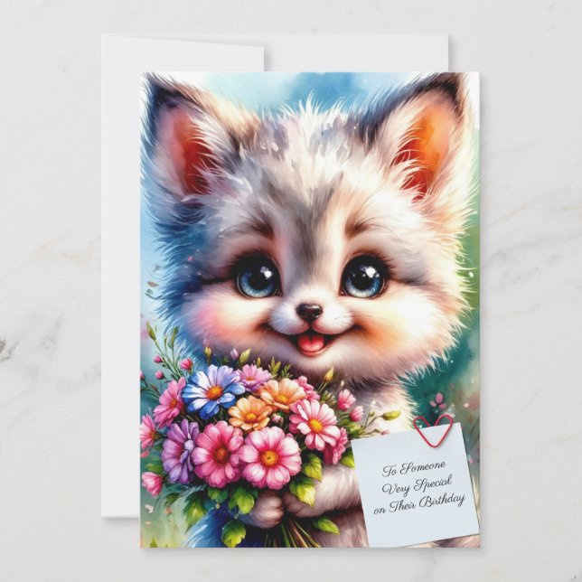 Cartão de aniversário de cachorrinho fofo com flor (Frente)
