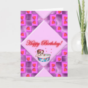 Cartão de Aniversário de Cães e Corações Rosa