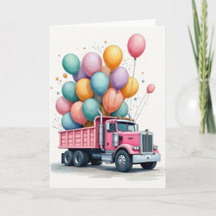 Cartão de Aniversário de Caminhão Rosa com Balões