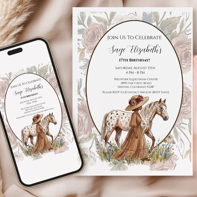 Cartão de Aniversário de Cavalo Appaloosa Floral p (Celebrate a special birthday with this elegant French country-inspired card!)