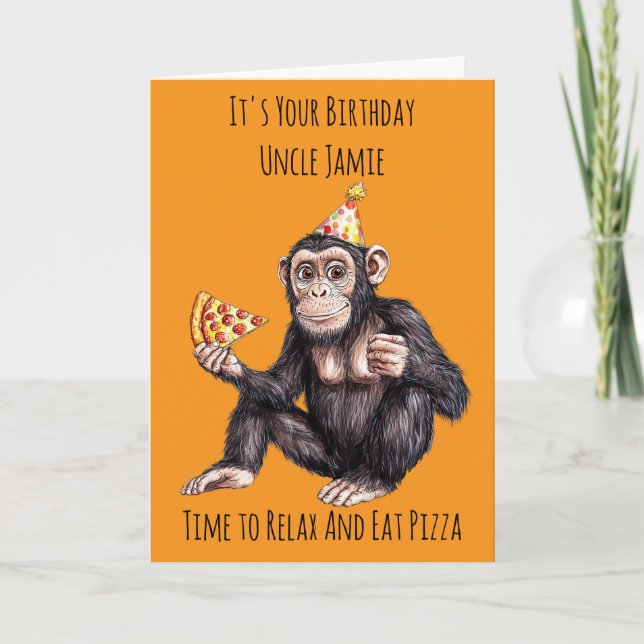 Cartão de Aniversário de Chimpanzé Comendo Pizza (Frente)