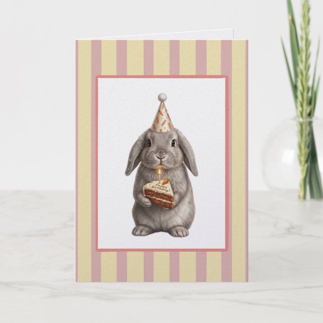 Cartão de Aniversário de Coelhinho Fofo com Bolo d (Frente)