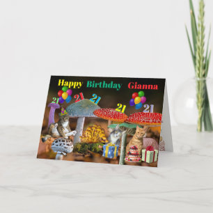 Cartão de Aniversário de Cogumelo e Gatos