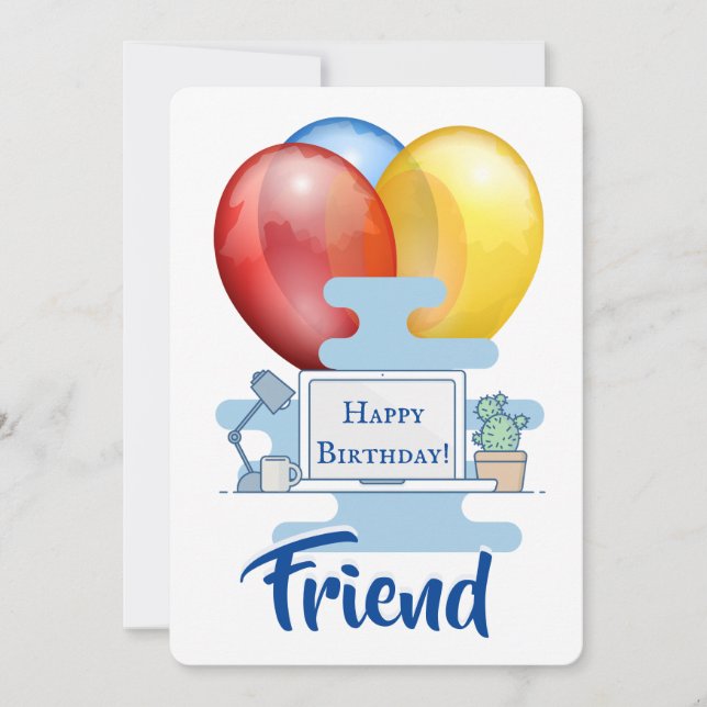 Cartão De Aniversário De Computador E Balões (Frente)
