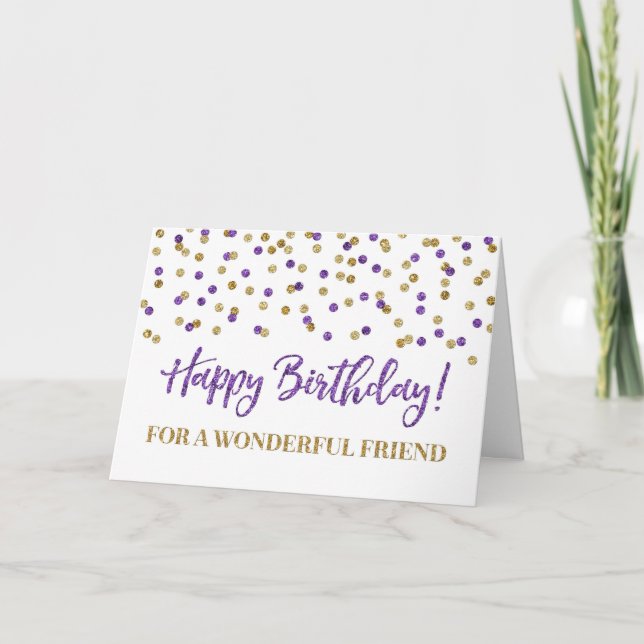 Cartão de Aniversário de Confetti Dourado Roxo (Frente)