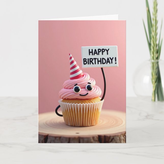 Cartão de Aniversário de Cupcake Alegre (Frente)
