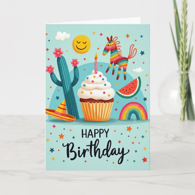 Cartão de Aniversário de Cupcake com Confeitos (Frente)