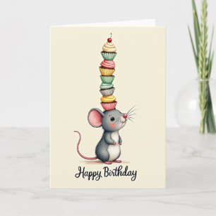 Cartão de Aniversário de Cupcake de Ratinho Fofo