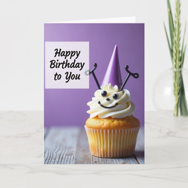 Cartão de Aniversário de Cupcake Sorridente (Frente)