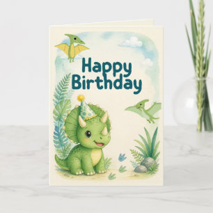 Cartão de aniversário de dinossauro fofo Aquarel