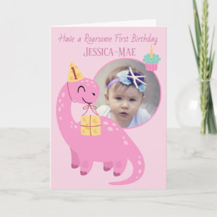Cartão de Aniversário de Dinossauro Rosa 1º Aniver