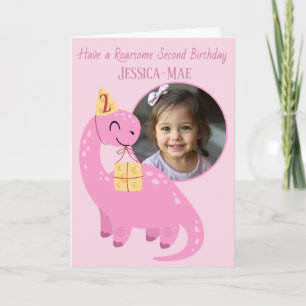 Cartão de Aniversário de Dinossauro Rosa 2º Aniver