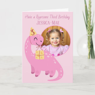 Cartão de Aniversário de Dinossauro Rosa 3º Aniver