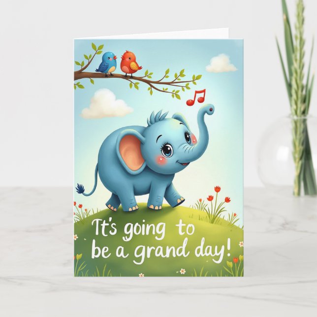 Cartão de Aniversário de Elefante com Alegria (Frente)
