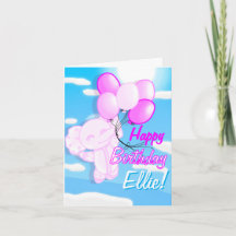Cartão de aniversário de elefante fofo rosa e azul