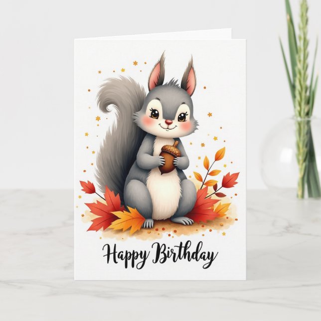 Cartão de Aniversário de Esquilo de Outono com Bol (Frente)