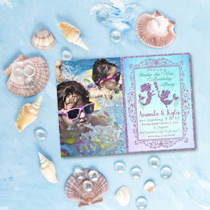 Cartão de Aniversário de Festa de Sereia Dupla Sob