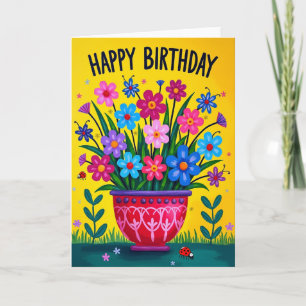 Cartão de Aniversário de Flores de Arte Popular