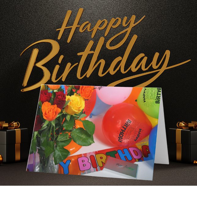 Cartão de Aniversário de Flores e Balões (Flowers and Balloons Birthday Card)