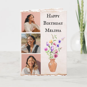 Cartão de Aniversário de Foto com Flores de Aquare