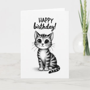 Cartão de Aniversário de Gatinho em Tons de Cinza