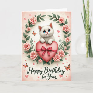 Cartão de Aniversário de Gatinho Floral