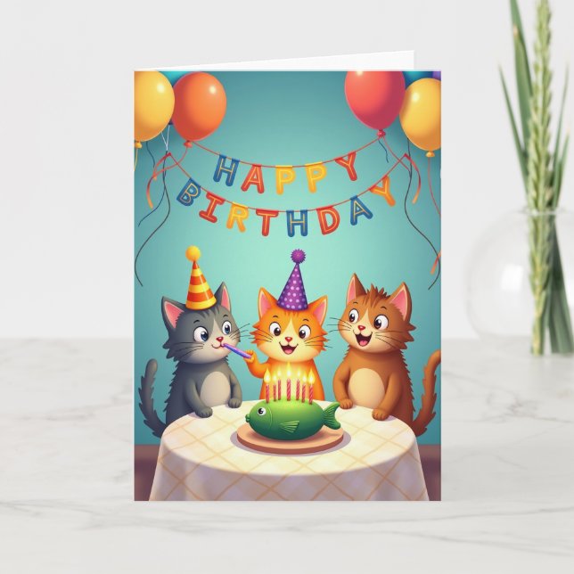 Cartão de Aniversário de Gato Animado (Frente)