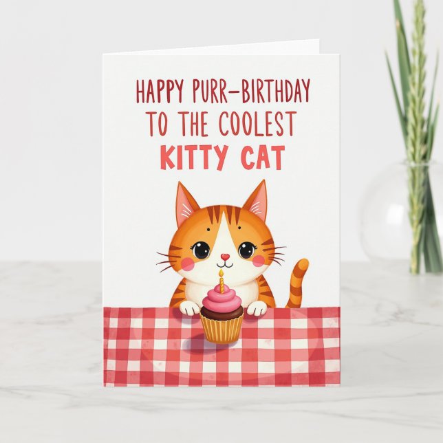 Cartão de Aniversário de Gato com Cupcake (Frente)