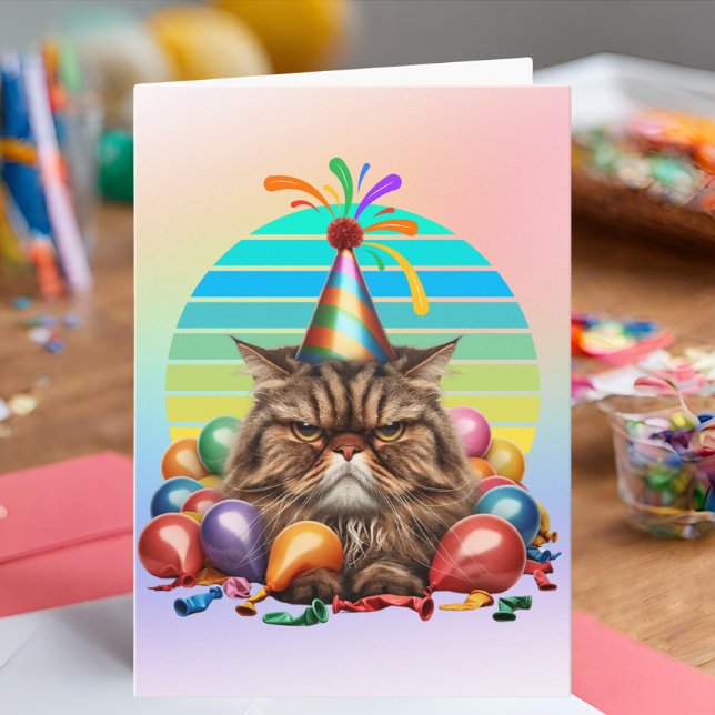 Cartão de Aniversário de Gato de Festa Engraçado (Annoyed cat on a birthday card.)