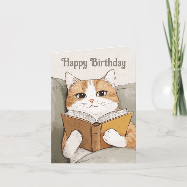 Cartão de Aniversário de Gato e Livro (Frente)