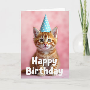 Cartão de Aniversário de Gato Laranja com Chapéu d