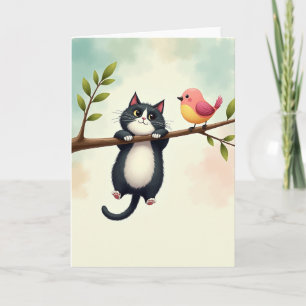 Cartão de Aniversário de Gato Pássaro Caprichoso